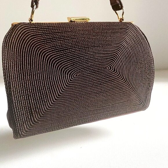 Vintage Chocolate Brown Cordé Textured Fabric Detail Small Evening Handbag \ - Picture 5 of 8